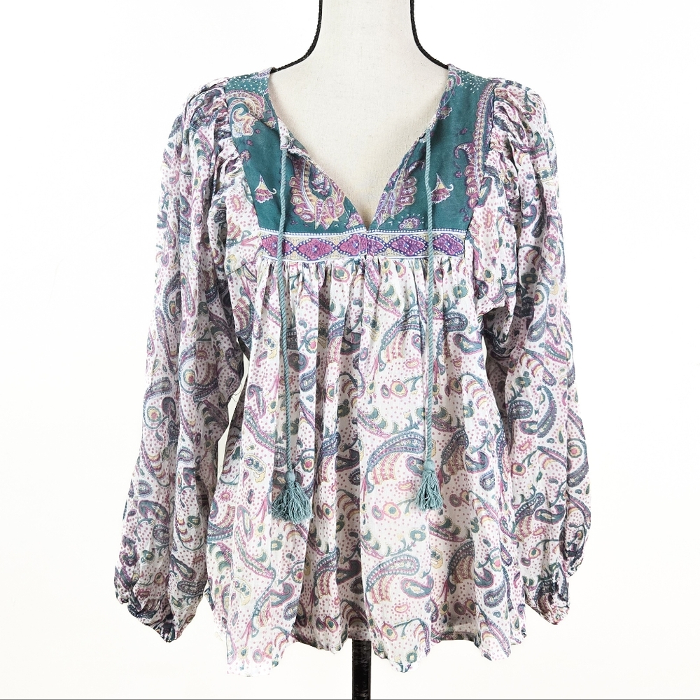 NWT Blue Boheme Joan Cotton Floral Blouse, Teal